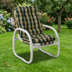 Siton Outdoor Patio Rocking Chair with Green and Tan Plaid Cushion, White Frame