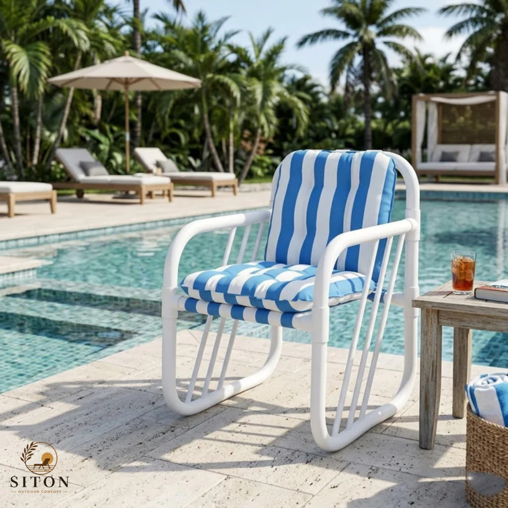 Siton Outdoor Rocking Chair with Blue and White Striped Cushion, White Frame